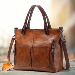 Elegant Brown Leather Tote with Vintage Patina